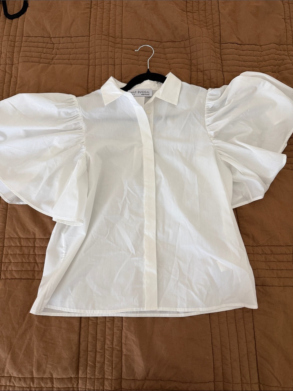 Mac Duggal White Puff Sleeve Button Down Blouse Top Small Cotton Formal